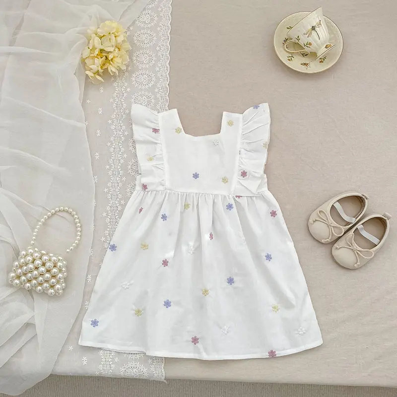 1-6Yrs Girls Fashion Embroidered Flower Dress Summer New Little Girls Toddler Princess Dresses Kids Flying Sleeves Party Clothes