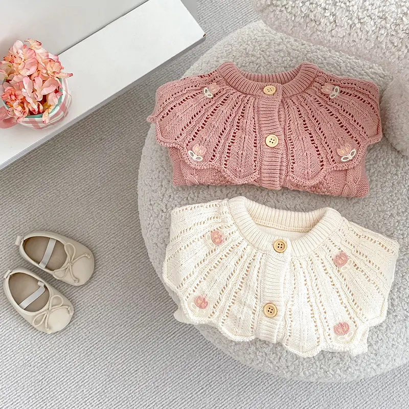 Autumn Knit Coat Baby Newborn Girls Sweater Cardigans Hollow Out Floral Ruffle Girls Tops Coat Embroidery Girls Clothes Sweater