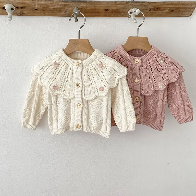 Autumn Knit Coat Baby Newborn Girls Sweater Cardigans Hollow Out Floral Ruffle Girls Tops Coat Embroidery Girls Clothes Sweater
