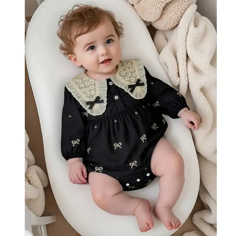 Baby Autumn Embroidered Bow Lapel Long Sleeve Triangle Jumpsuit Girl Baby Sweet Cute Jumpsuit with Bow Toddlers Baby Clothes