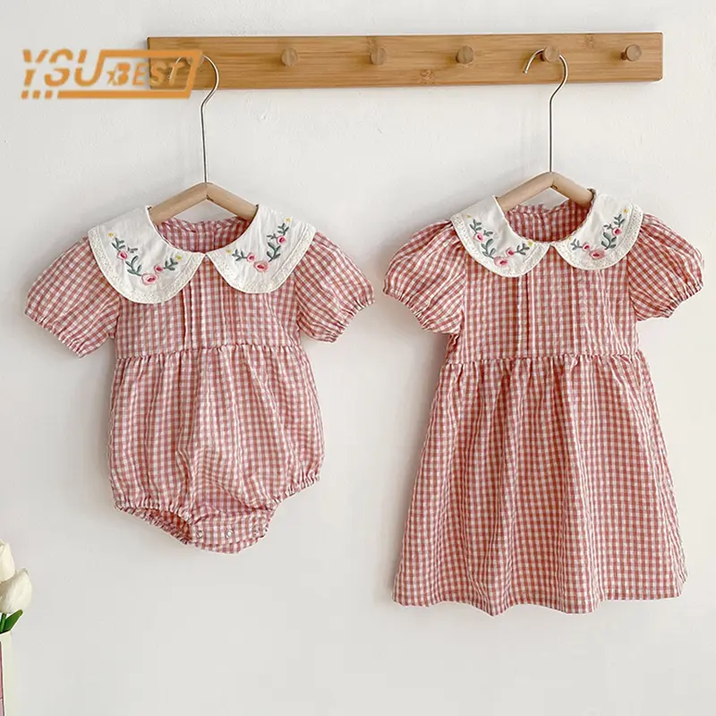 Toddler Baby Girls Grid Embroidery Dresses Summer Girl Baby Romper Infant Children Cotton Short Sleeve One-piece Romper