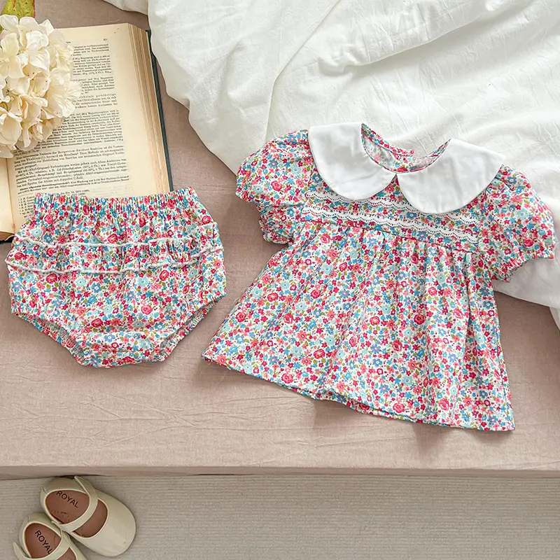 Summer Baby Girls Clothing Sets Puff Sleeve Top Floral Print Blouse + PP Shorts Infant Newborn Girl Clothes Suit Bbay Cherry Set