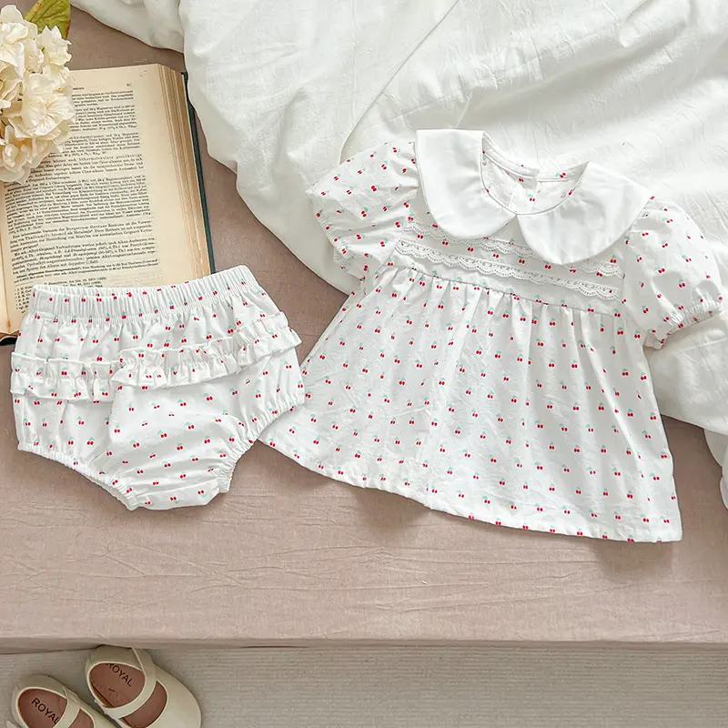 Summer Baby Girls Clothing Sets Puff Sleeve Top Floral Print Blouse + PP Shorts Infant Newborn Girl Clothes Suit Bbay Cherry Set