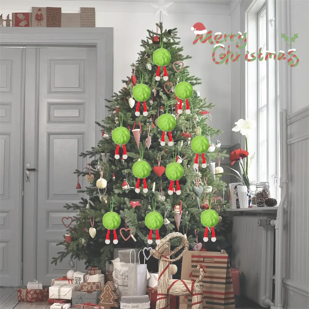 12Pcs Green Xmas Tree Pendant Decoration Ornaments Christmas Plush Ball ﻿Decor
