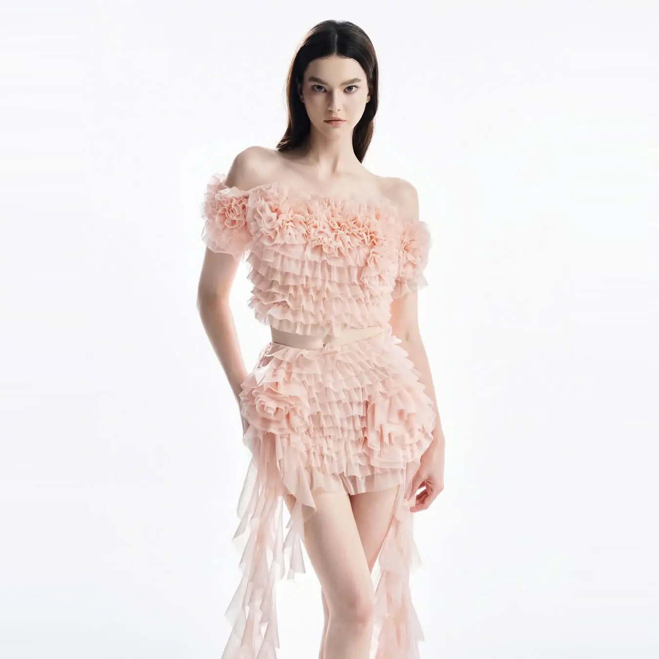 Sexy Women's Off Shoulder Ruffled Tulle Dress with Layered Design and Flowy Skirt for Special Occasions Evening Wear Two Pieces