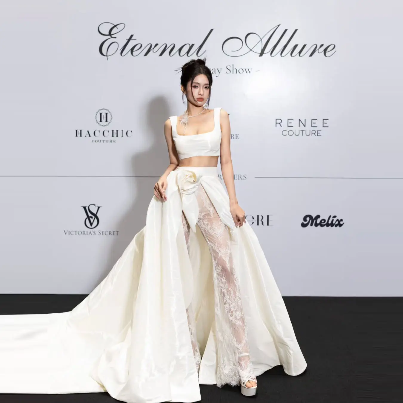White Overlay Skirt in Satin with Lace Overlay for Formal Occasions and Bridal Events, Perfect for Runway Shows and Special