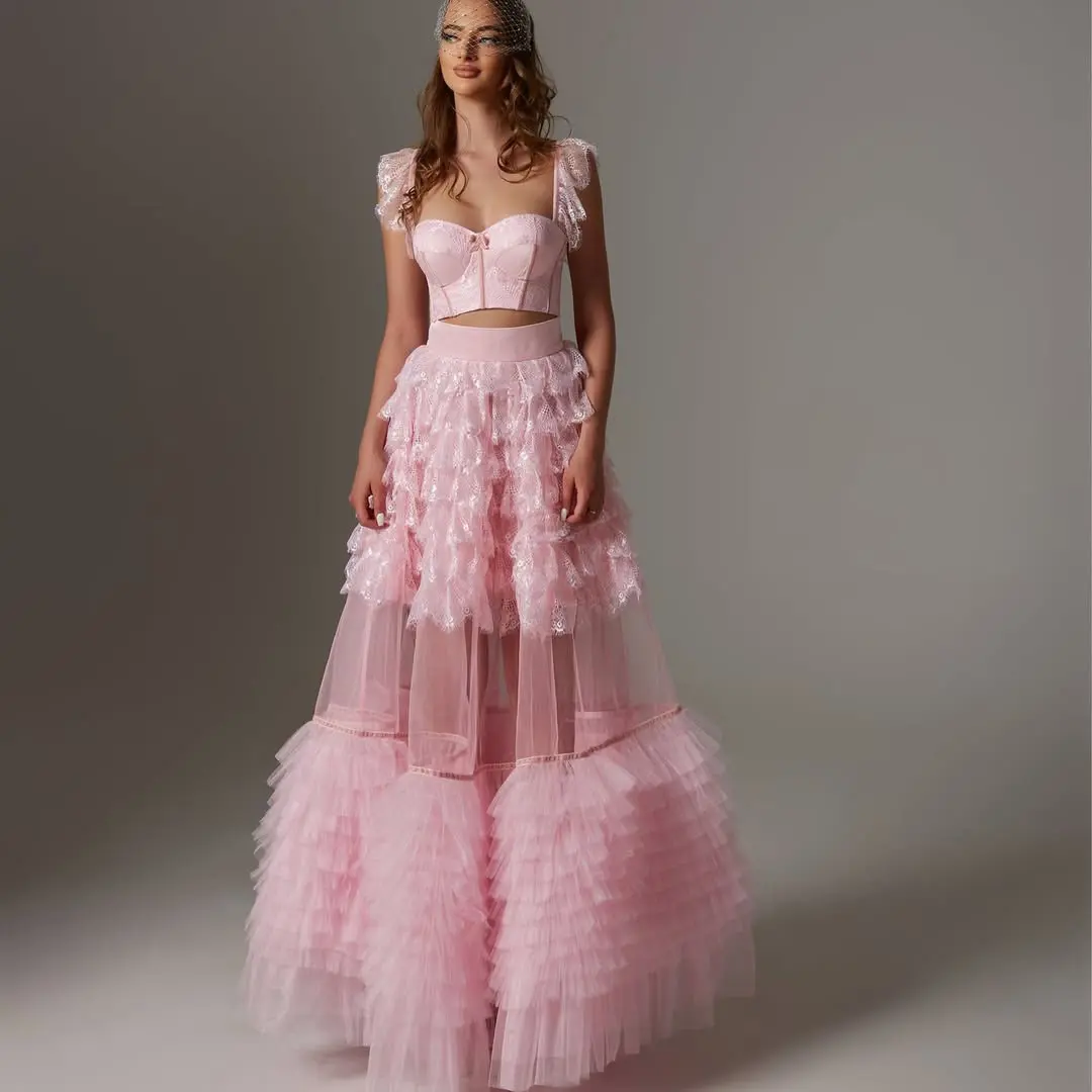 Tulle Skirt with Multiple Layers Pink Lace Trimmed High Waist A-Line Skirt for Party and Evening Wear Made of Soft 2025