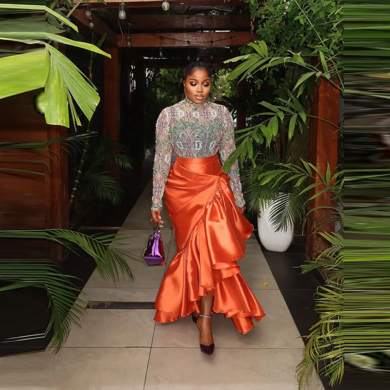 Women's High Waist Satin Skirt with Ruffle Layers Fashionable Orange Midi Skirt for Party and Evening Wear Stylish Design