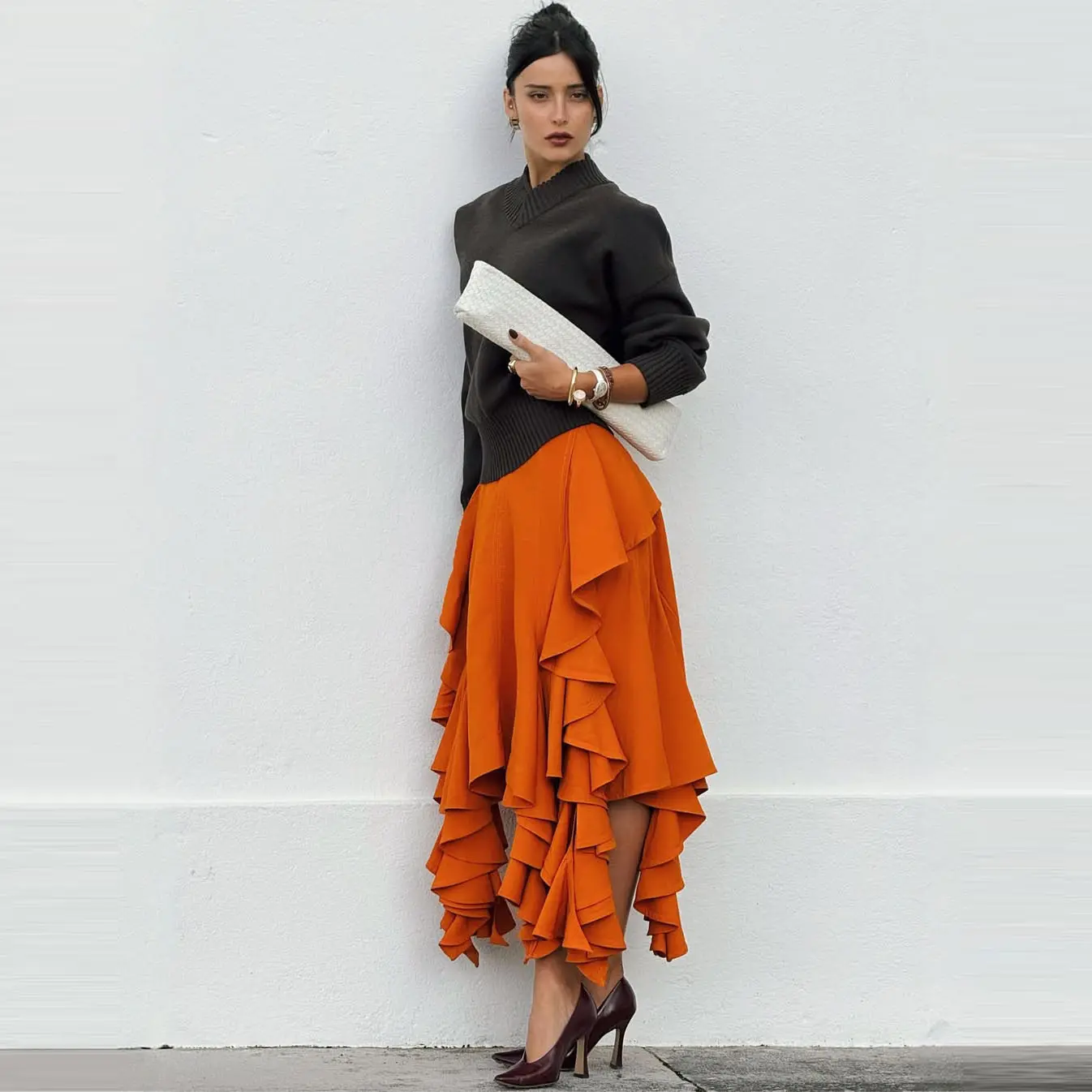Women's Fashion Orange Ruffle Hem Midi Skirt High Quality Polyester Material  Fit Perfect for Casual and Formal Occasions
