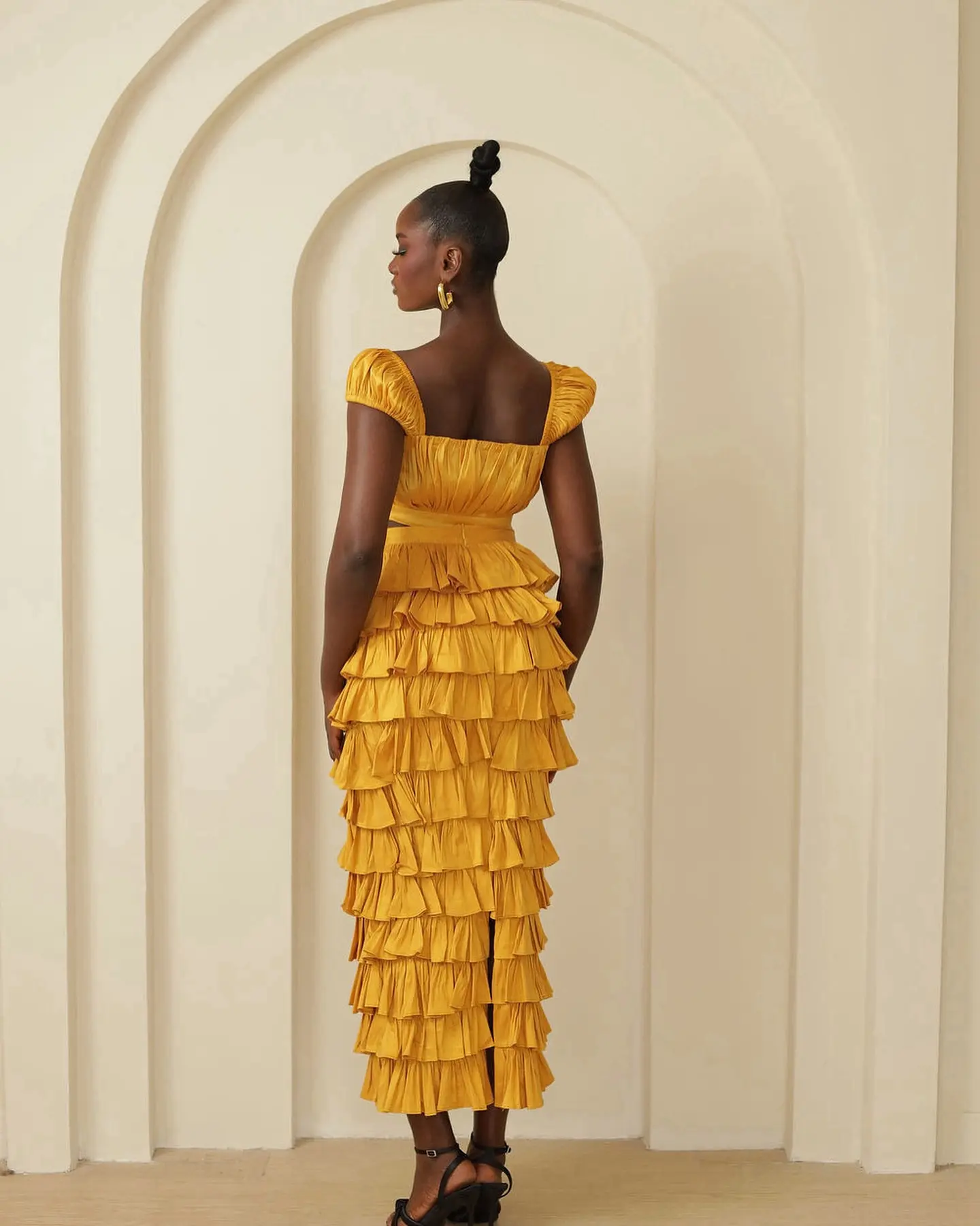 Gold Tiered Ruffles Satin Skirts Straight Ankle Length Black Girl Skirt With Short Tops Square Collar Pleated Top Custom Made