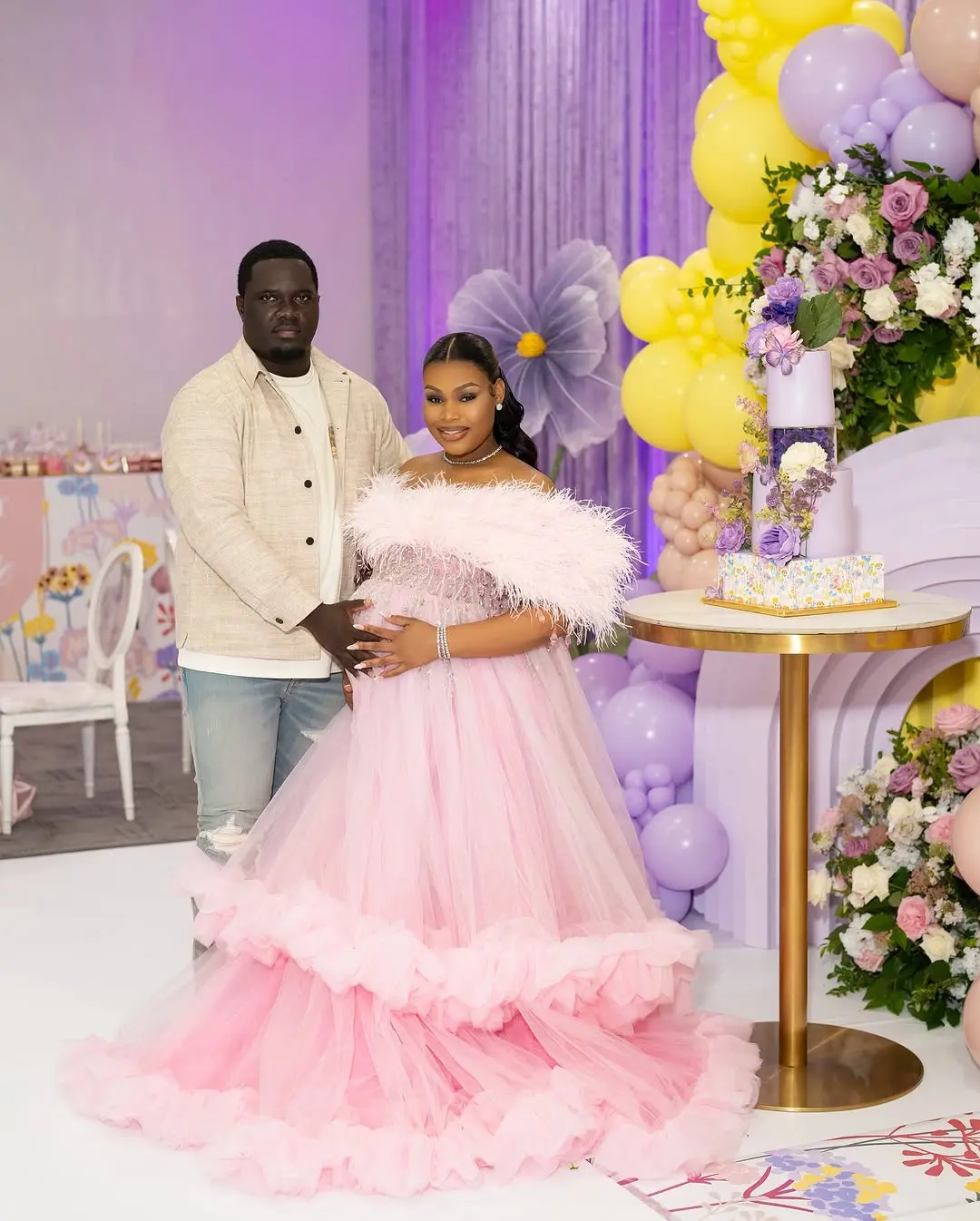 Plus Size South Africa Style Maternity Dress Sweet Pink Ruffled Tulle Baby Shower Party Gowns Off The Shoulder A-line Long Dress