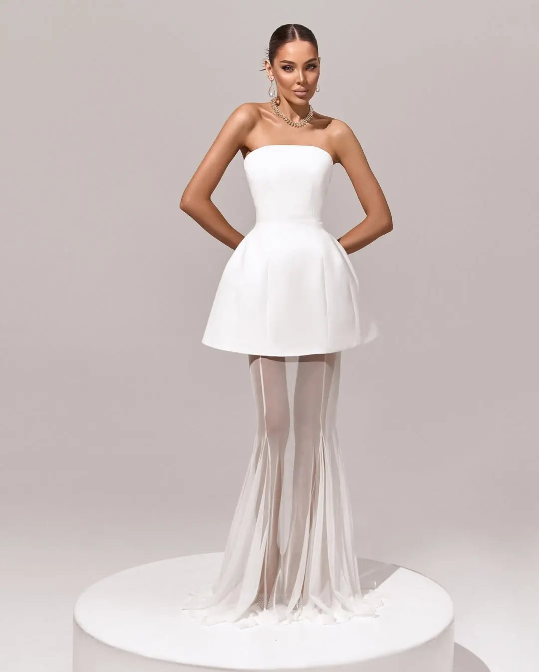 Women's High Waist Mermaid Skirt in White Chiffon Fabric with Sheer Overlay and Lace Trim for Prom Birhtday Party See Thru