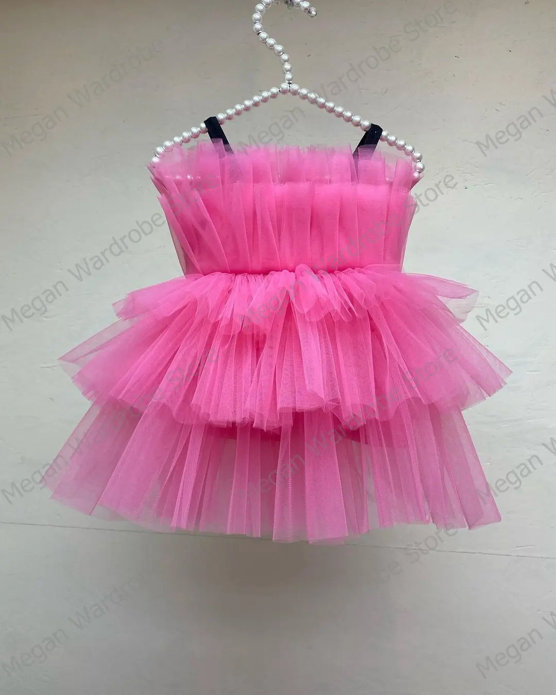Hot Pink Tiered Ruffled Hi Low Tulle Dresses For Mother And Daughter Birthday Party Wear Lace-up Back Long Dress Real Images