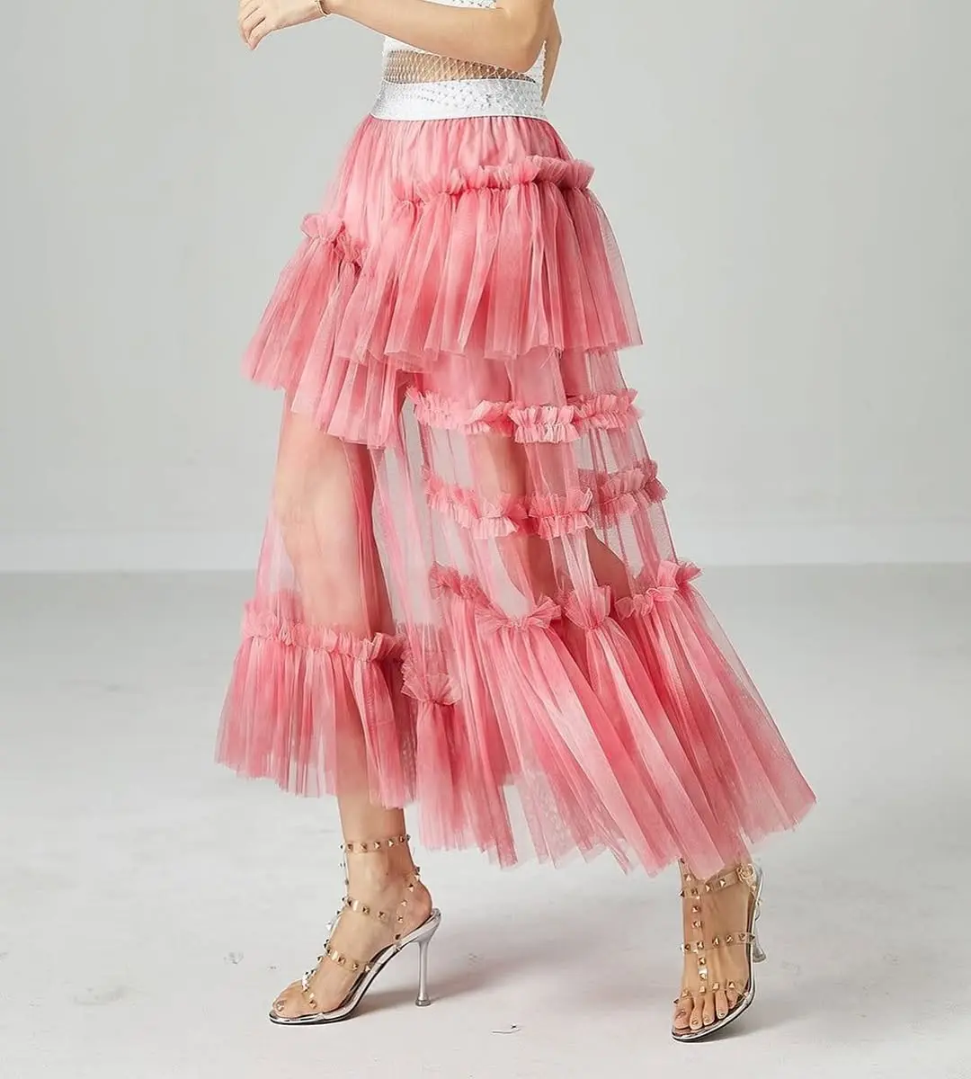 Boho Elegant Y2K Goth Irregular Fold Skirts Tulle Tutu Skirts Photo-shoots Chic Ruffled Elastic Waist Ankle Casual Skirts Faldas