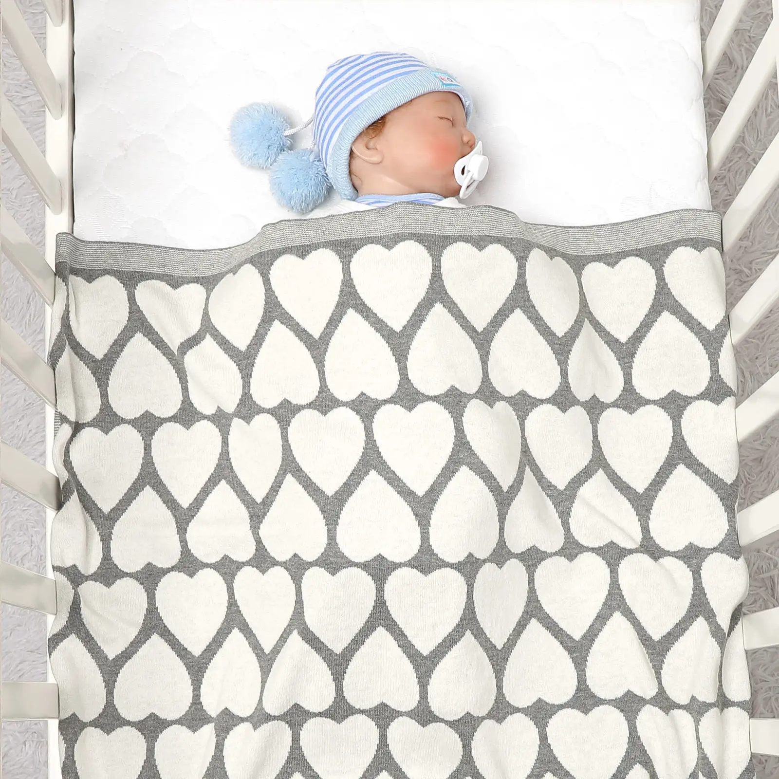 Sweet Heart Knitted Infant Blankets Cotton Newborn Girl Boy Cotton Month Stroller Crib Bed 100*80cm Kids Swaddle Wrap