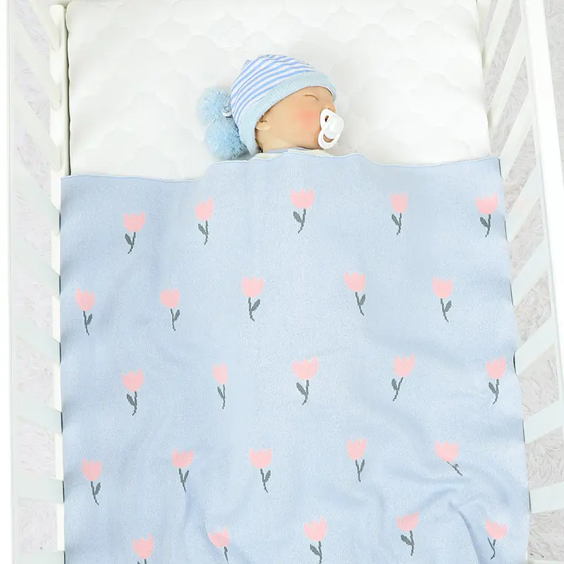 Lovely Flower Knitted Baby Blankets Soft Cotton Swaddle Wrap Toddler Infant Bed Sleeping Cover 100*80cm