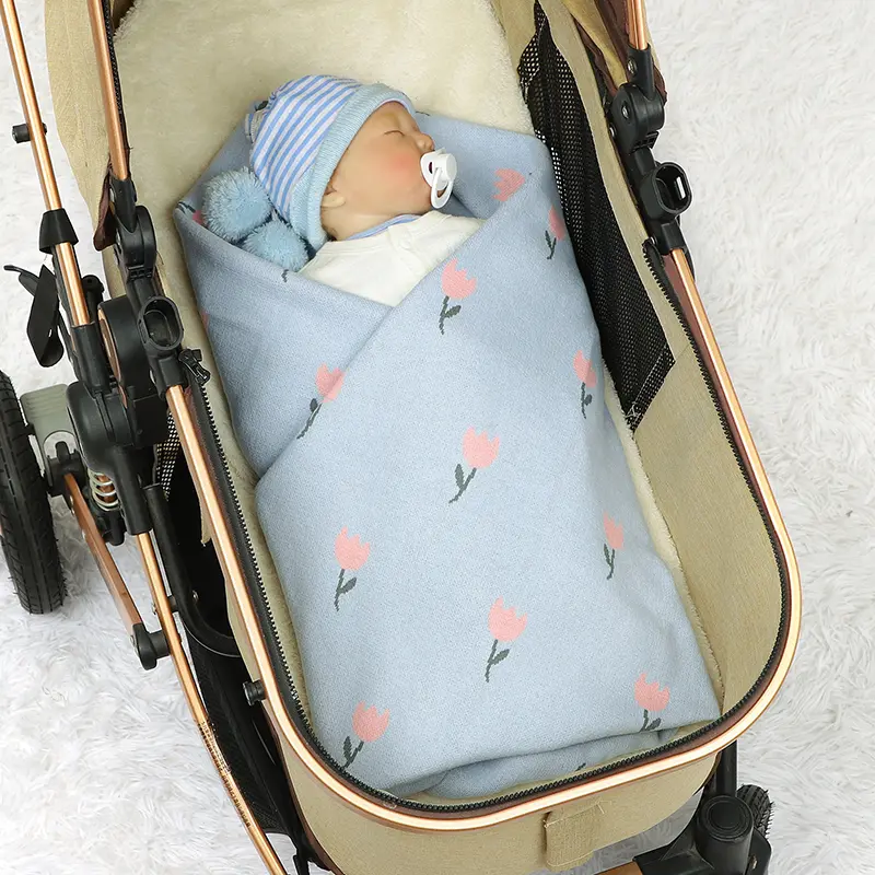 Lovely Flower Knitted Baby Blankets Soft Cotton Swaddle Wrap Toddler Infant Bed Sleeping Cover 100*80cm