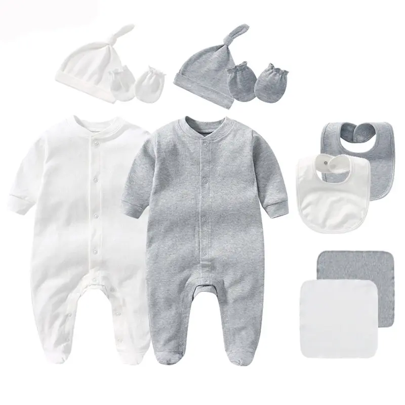 Unisex 5Pcs Newborn Baby Long Sleeve Cute Cotton Romper Jumper + Hats + Mittens+ Bib+Towel Infant Clothes Set