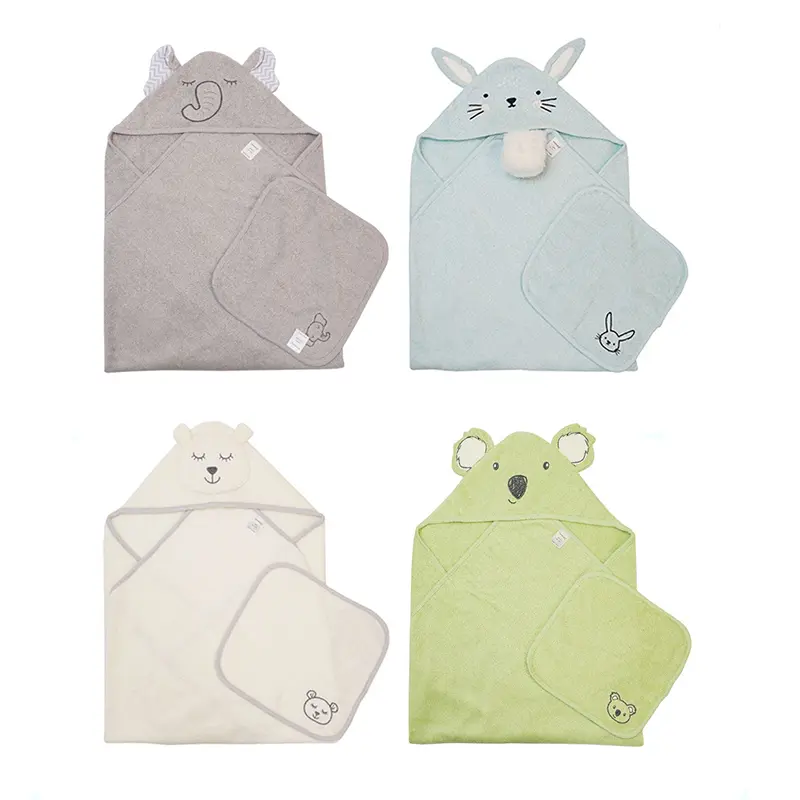 Baby Bath Towel + Face Towel 100% Cotton Cute Cartoon Animal Hooded Washcloth Bebe Swimming Beach Bathrobe