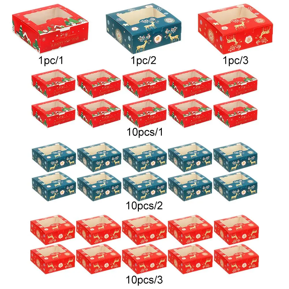1/10pcs Christmas Cardboard Cake Boxes 4 Cup Cake Packaging Box Biscuit Nougat Chocolate Candy Gift Wrapping Box