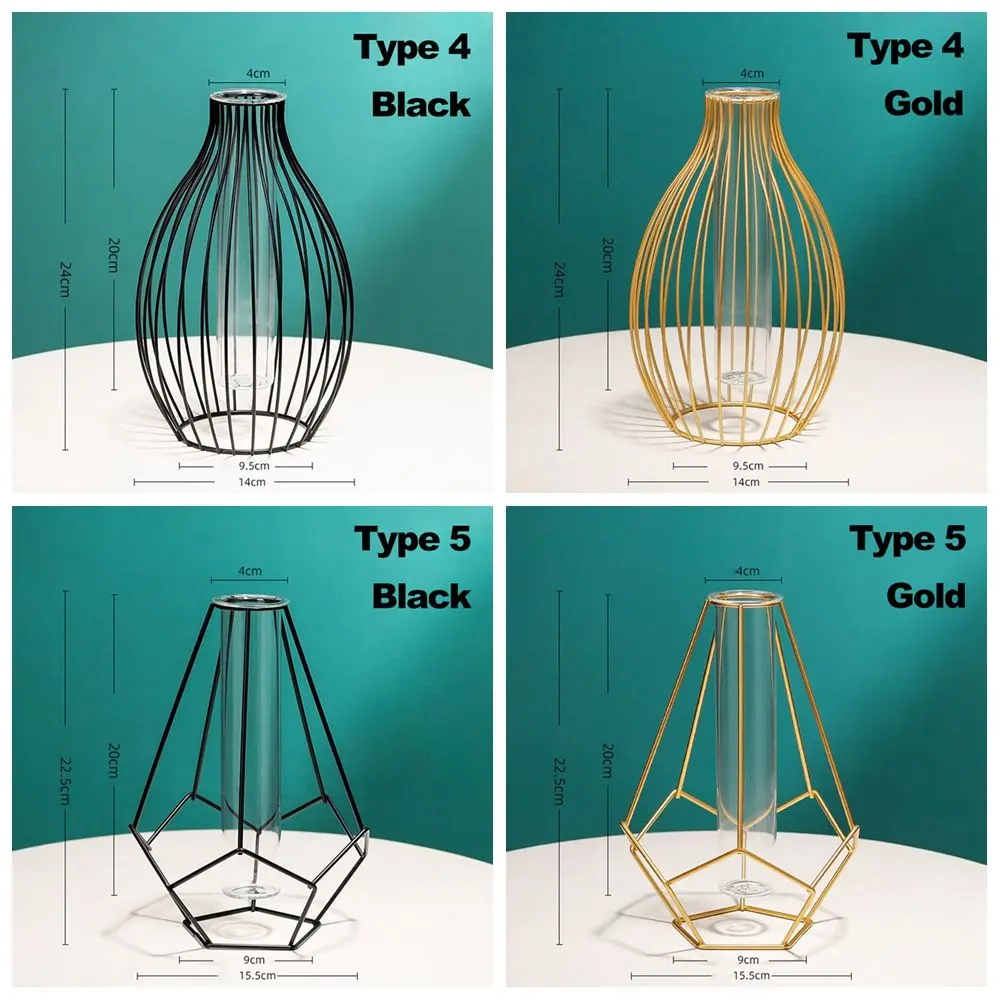 Nordic Styles Hydroponic Flower Vase Geometric Line Frame Iron Art Vase Glass Test Tube Metal Holder Home Decoration Craft Gift