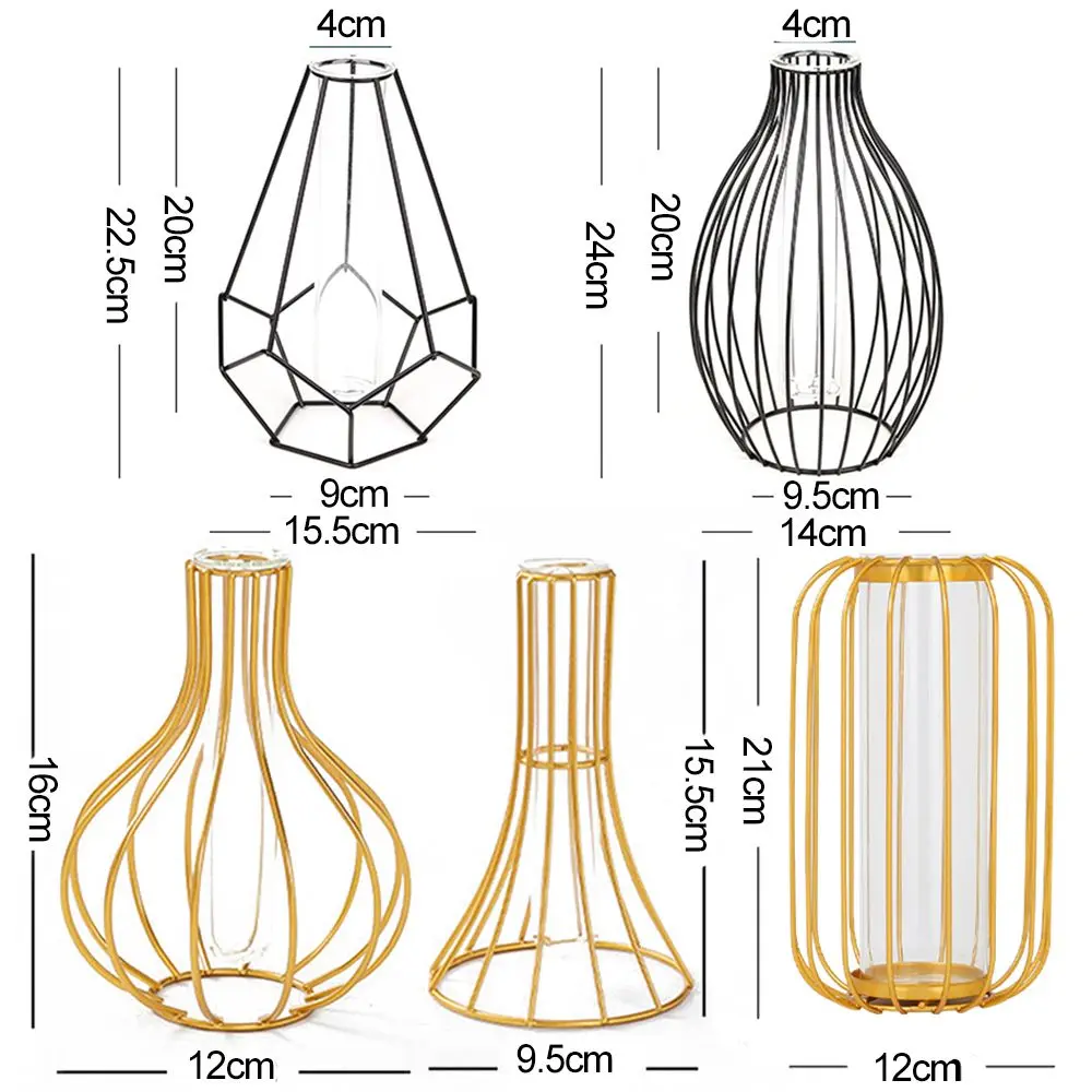 Nordic Styles Hydroponic Flower Vase Geometric Line Frame Iron Art Vase Glass Test Tube Metal Holder Home Decoration Craft Gift
