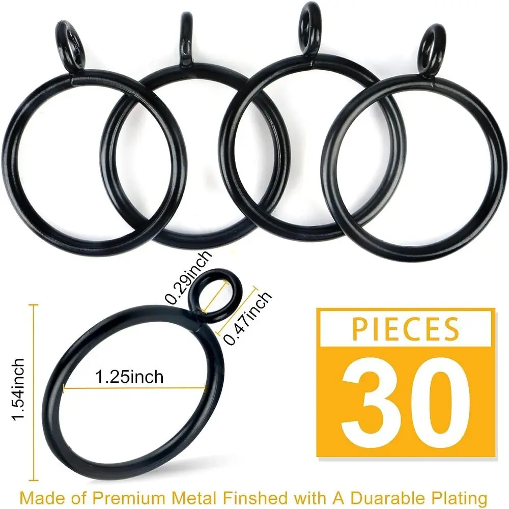 30pcs Black Curtain Ring with Ear Loop Easy To Use 1.25 Inch Metal Shower Curtain Hooks Door Curtain Hanging Ring Bathroom