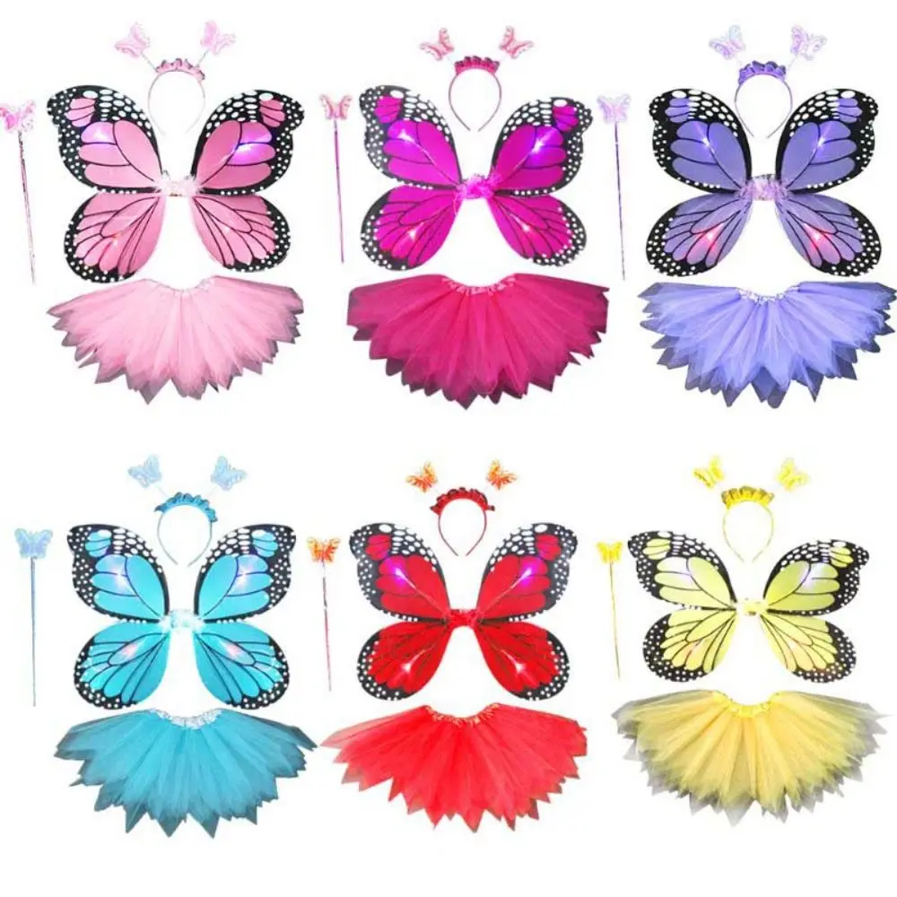 3/4Pcs Adult Kids Fairy Costume Set Simulation Butterfly Wings Tutu Skirt Headband Wand Princess Girls Dress Up Halloween