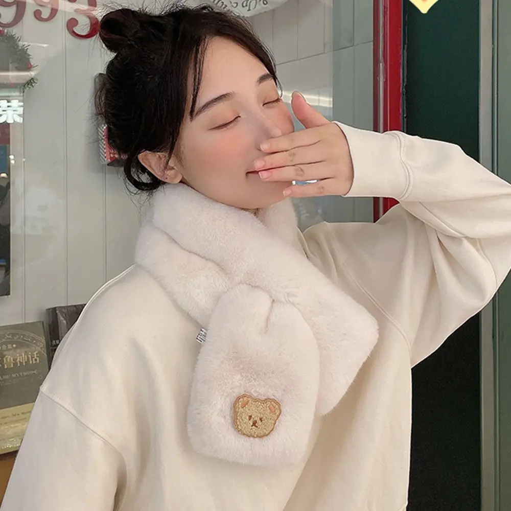 Women Winter Warm Thicken Cross Collar Scarf Solid Color Cute Bear Faux Rabbit Fur Plush Elegant Shawl Scarfs