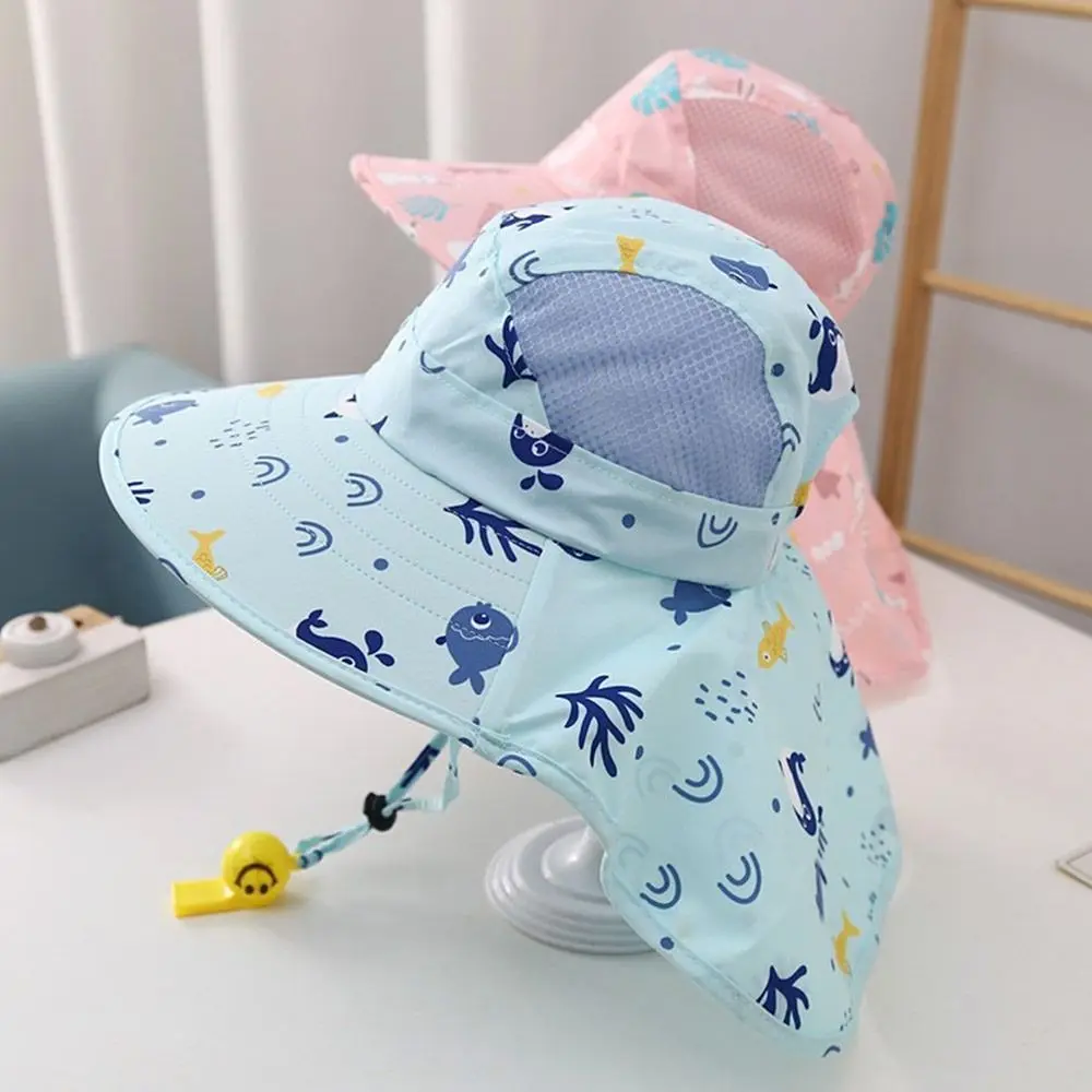 Summer Baby Sun Hat Bucket Cap With Whistle For Girls Boys UV Protection Polyester Sun Cap Cute Cartoon Panama Hat Toddler