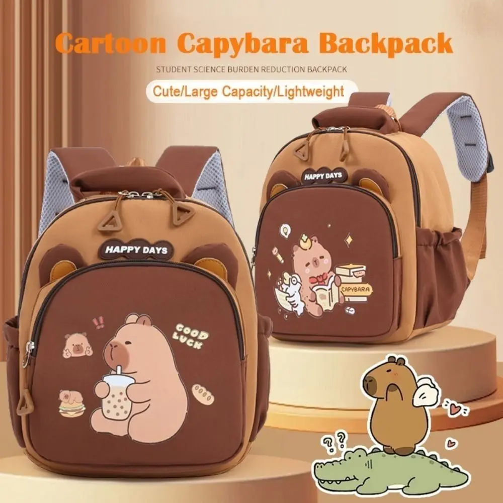 Kawaii Cartoon Capybara Backpack Large Capacity Nylon Capybara School Bag Multi-Pockets Lightweight Kindergarten Backpack