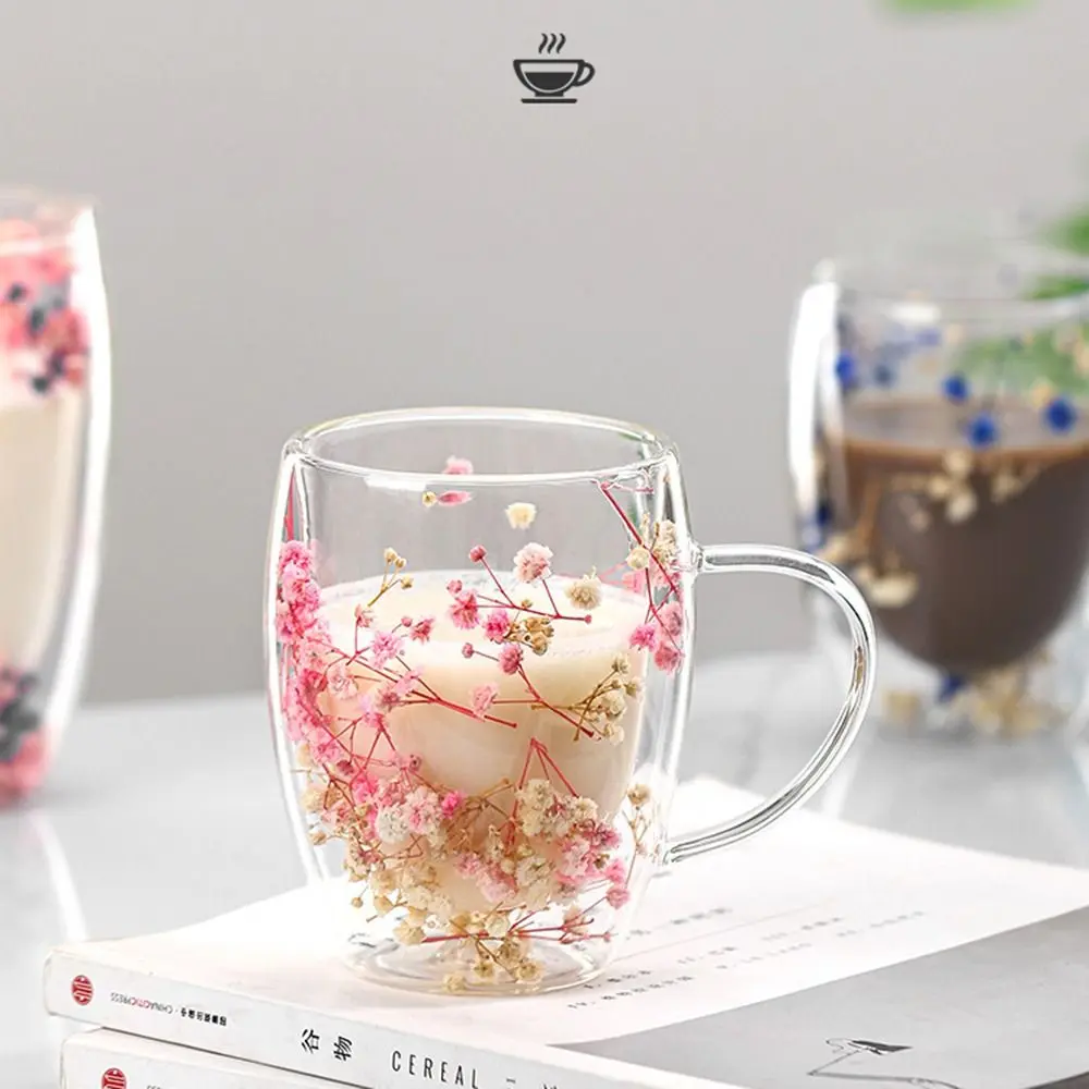 350ml Dried Flower Double Walled Glass Mug Cup Coffee Mug with Dry Flowers Decorative Creative Flower Mug Double Wall Flower Cup