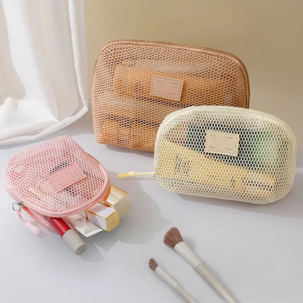 Casual Nylon Cosmetic Bag With Zipper Hand-held Mesh Makeup Bags Multipurpose Mesh Storage Pouch Women