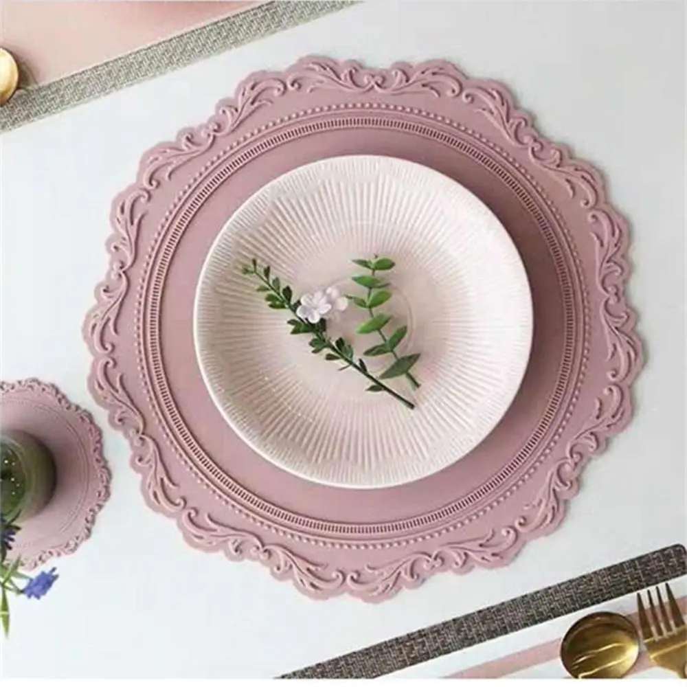 2pcs Lace Silicone Coaster Placemat Relief Bottom Non-slip Table Decoration Mat Kitchen Accessories Round Cup Mat Tableware Pad