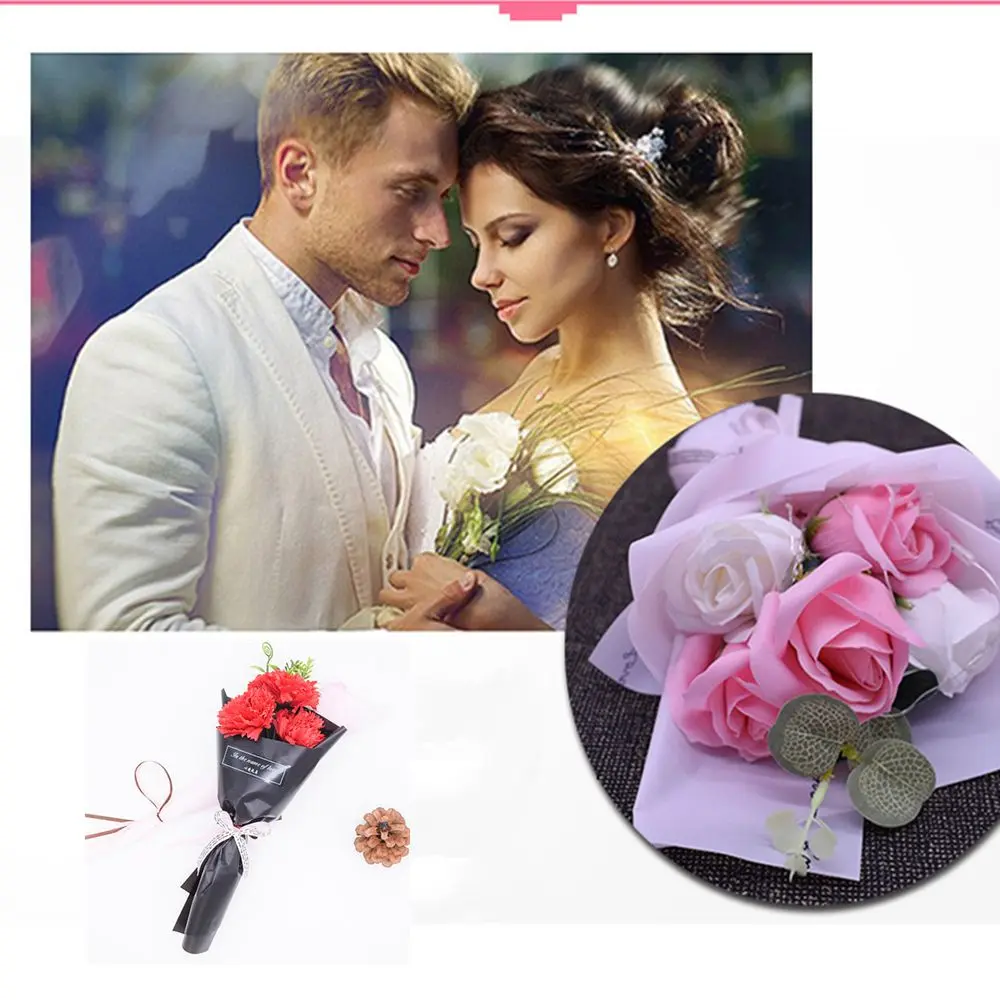 3 Heads Artificial Rose Bouquet Hand Holding Soap Flower Valentine's Day Gift Wedding Decoration Artificial Flowers