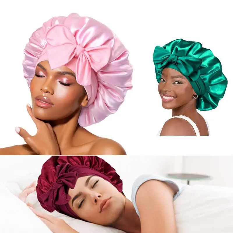 Women's Satin Solid Bonnets Wide-brimmed Night Sleeping Bathing Hat Unisex Head Wrap Elastic Band Cap Hair Care Bonnet