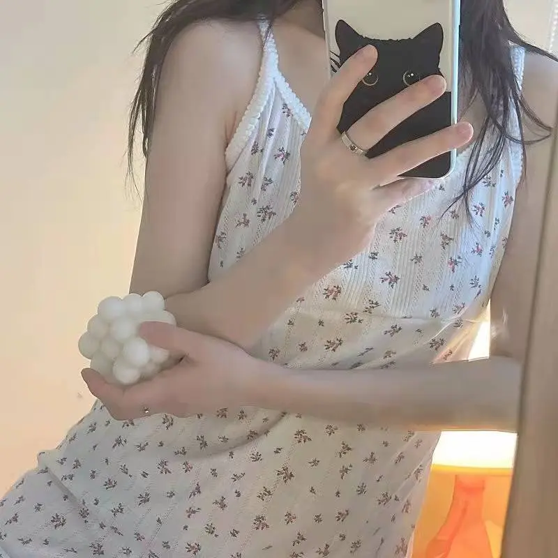 Nightgowns Women Summer Floral Mini V-neck Sleeveless Elegant Sleepwear Homewear Soft Sweet Lovely Ulzzang Design Ladies Popular
