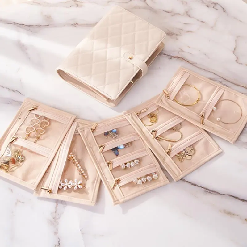 Transparent Jewelry Storage Book with Zipper Clear Pockets Jewelry Packaging Box Luxury PU Leather Velvet Storage Bag