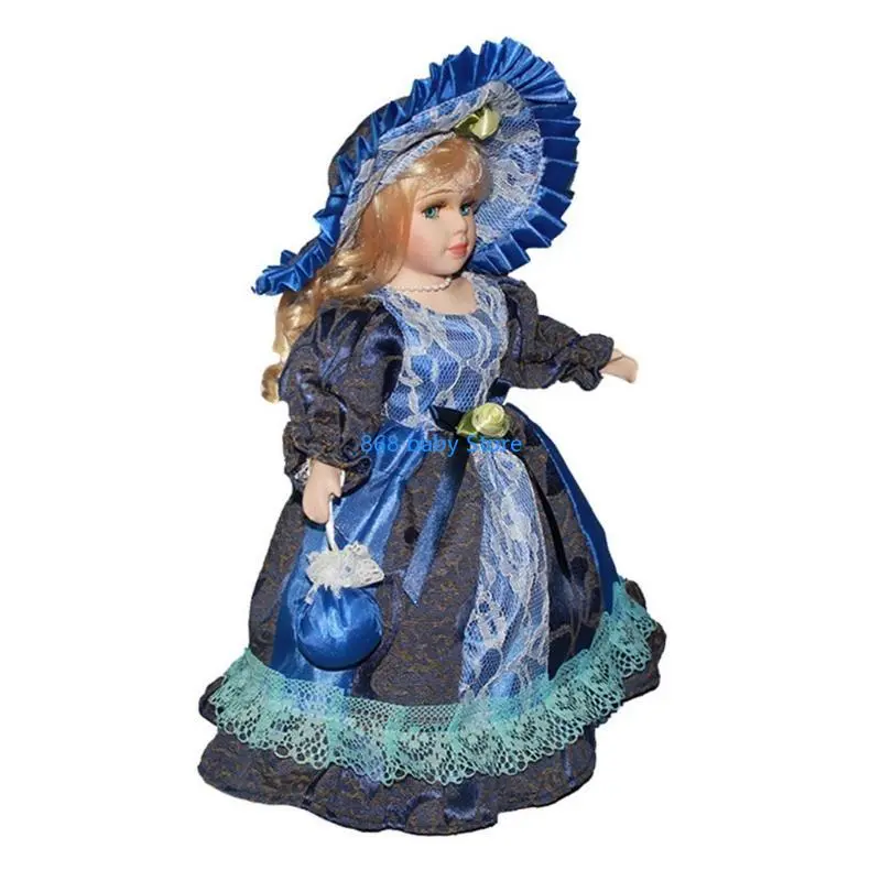 29EE Victorian Blonde Hair Girl Porcelain for Doll Blue Dress Wide Hat Collectible