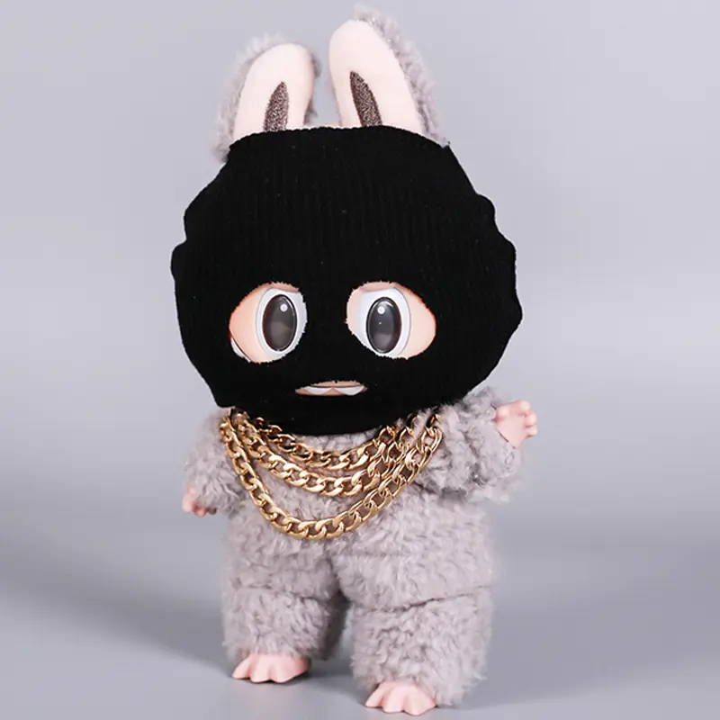 For Labubu Clothes Accessories Trendy Cool Cute Fun and Funny Style Black Knit Hat and Necklace Street Fashion Doll Accessories
