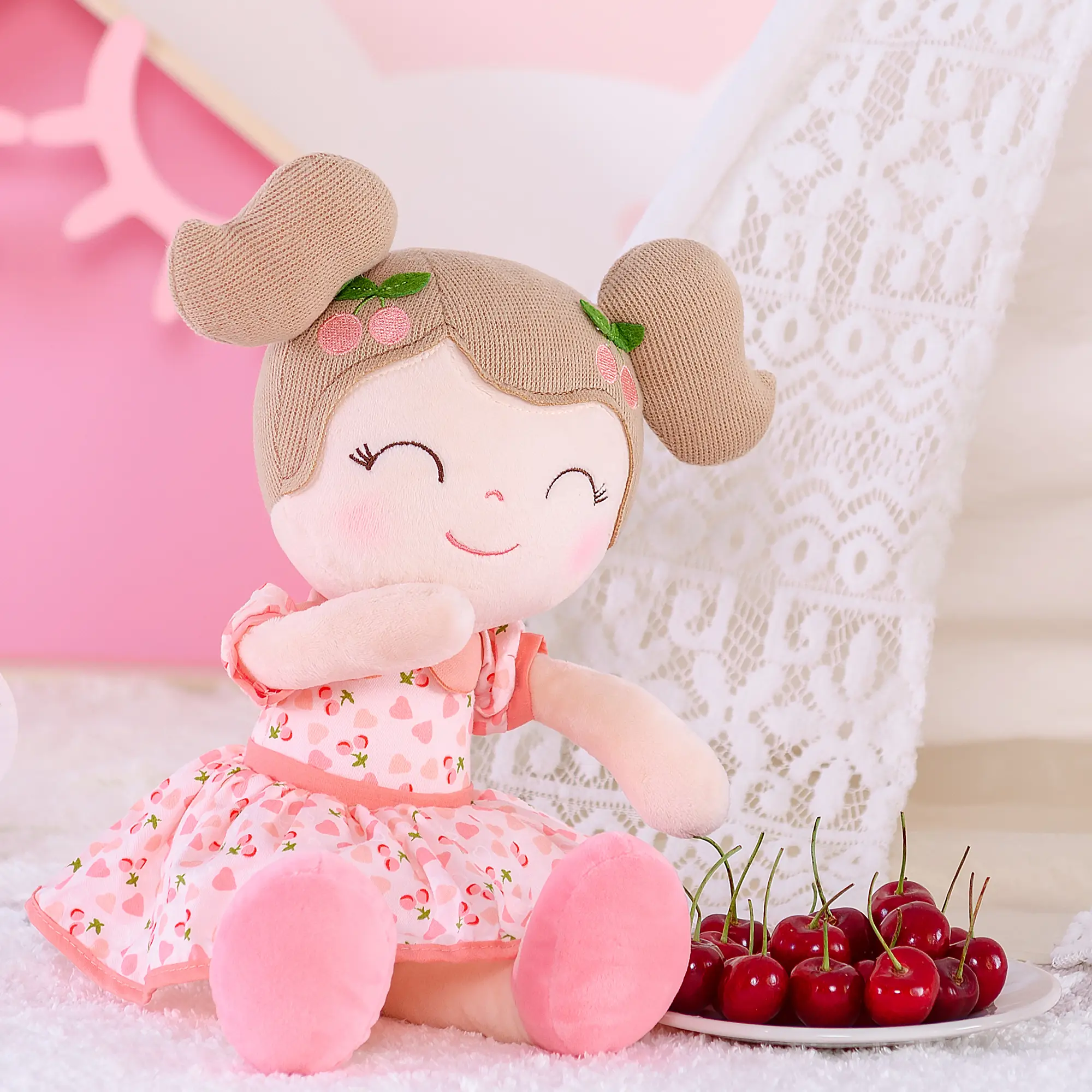 Gloveleya Stuffed Toys Cherry Girl Plush Doll Baby Girl Gifts Cloth Dolls Christmas Gifts Ideas Birthday Gifts Doll Pink