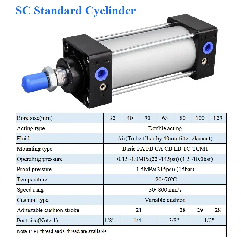 SC Bore 32/40/50/63/80/100/125mm Stroke25-1000mm Double Acting Aluminum Alloy Standard Air Pneumatic Cylinder Piston Actuator