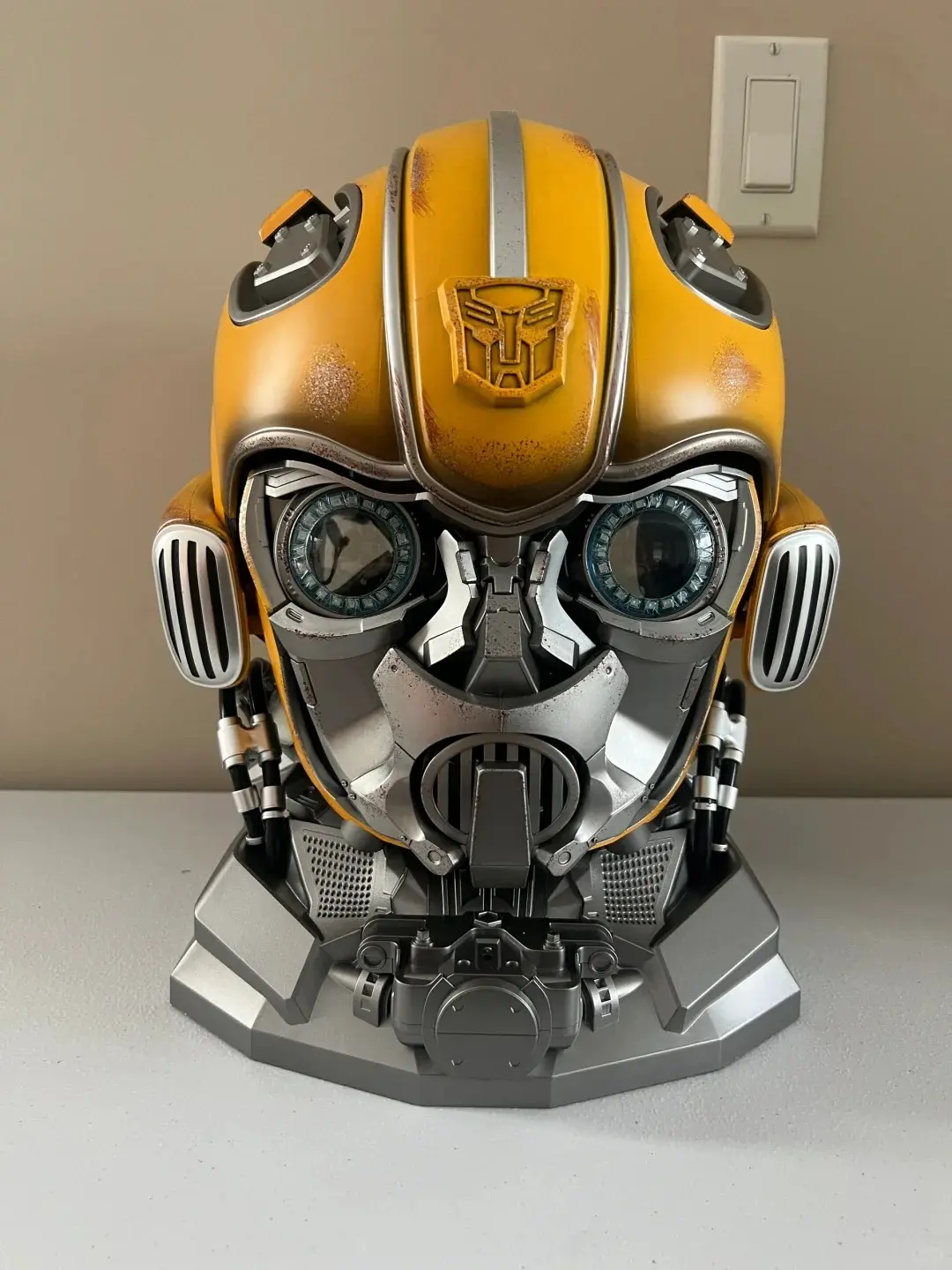 Bumblebee Optimus Prime 1:1 Helmet Voice Control Mask Action Figure Bluetooth Base Light Up Eyes Collection for Kids Toys Gift