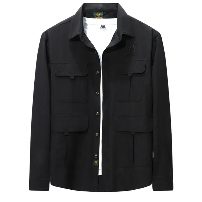 TRAF Spring And Summer New Men's Multi-Pocket Shirt Solid Color Single-Breasted Lapel Top Fashion Casual Office Clothing S-4XL