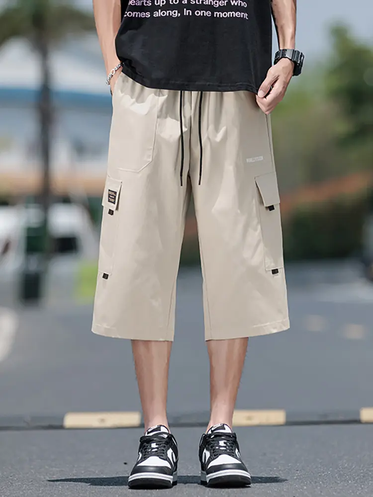 TRAF 2025 new summer men's workwear large size multi-pocket trend of ice silk seven-minute pants outdoor sports casual shorts