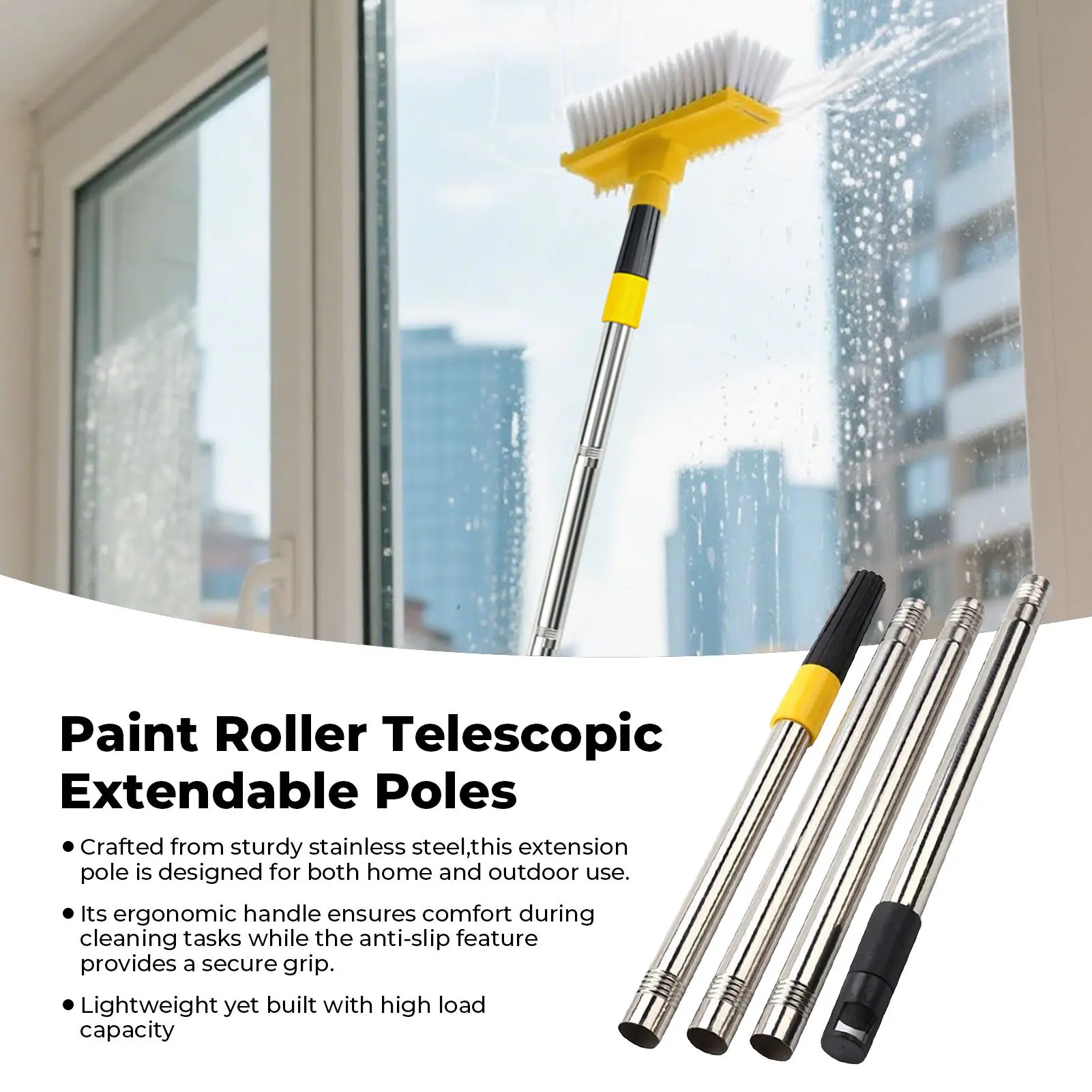 Extendable Pole Heavy Duty High Reach Extension Window Cleaning Pole Anti-Slip Stainless Steel Rod With High Load Capacity For