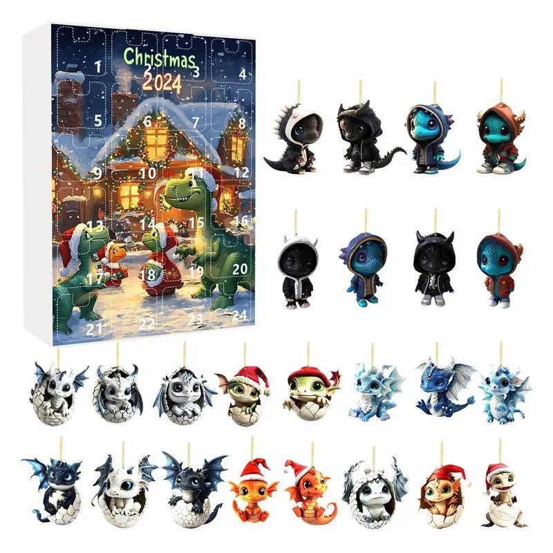 Blue Dragon Christmas Advent Calendar 24X Acrylic Animal Ornaments For Car Interior Set 2024 Cute Holiday Arrival Toys Countdown