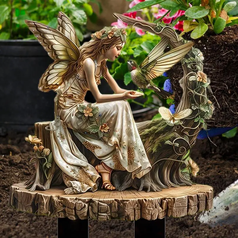 Fairy Garden Stakes Outdoor Garden Stake Fairy Hummingbird Ornament Waterproof Fairy Garden Stake Flower Pots Ground Plug For