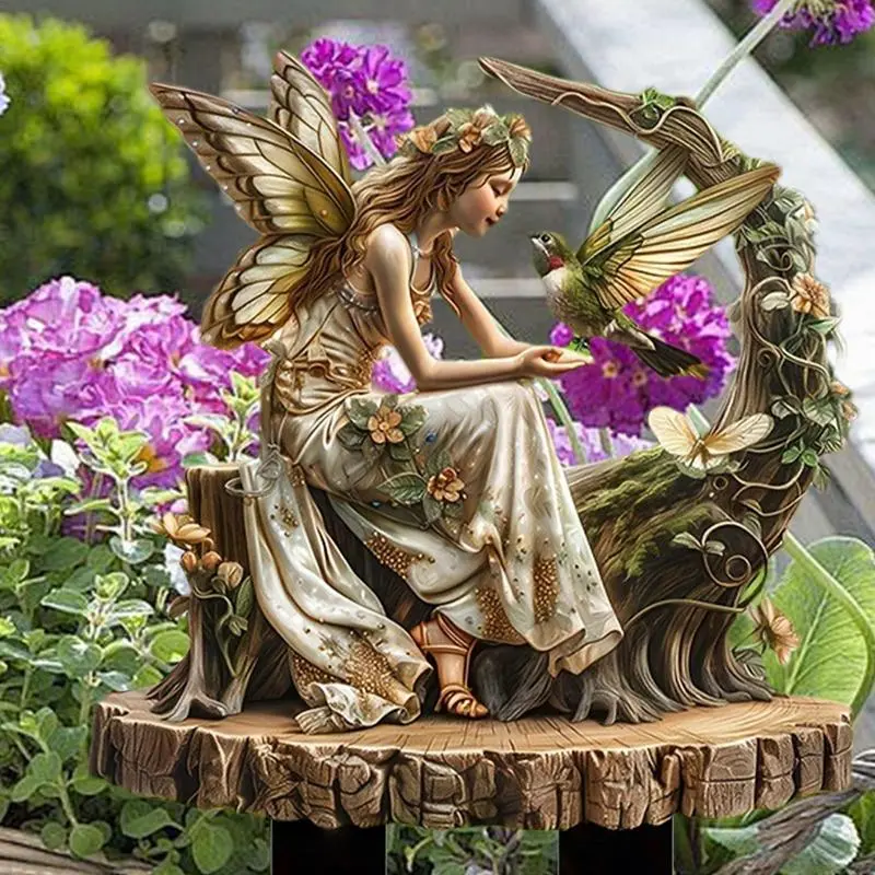 Fairy Garden Stakes Outdoor Garden Stake Fairy Hummingbird Ornament Waterproof Fairy Garden Stake Flower Pots Ground Plug For