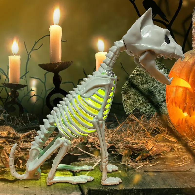 Halloween Cat Statue Skeleton Ornament Model Skeleton Cat Statue with Light, Horror Cat Skeleton Halloween Party Prop Decoration
